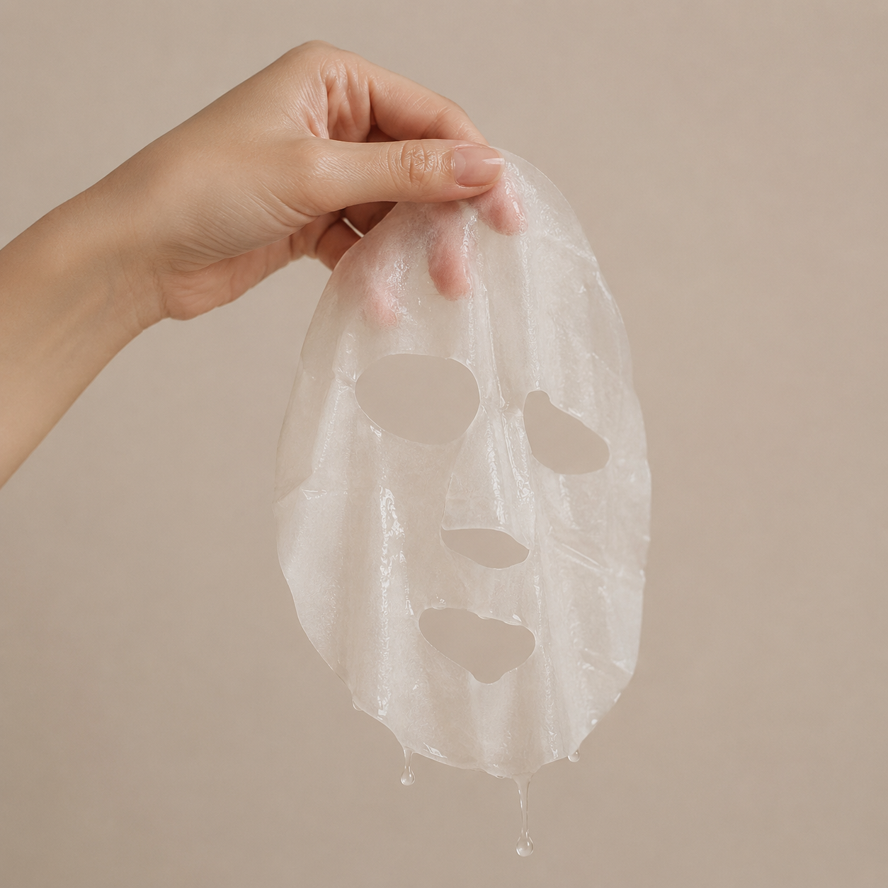 Hand holding a dewy Korean sheet mask with essence dripping