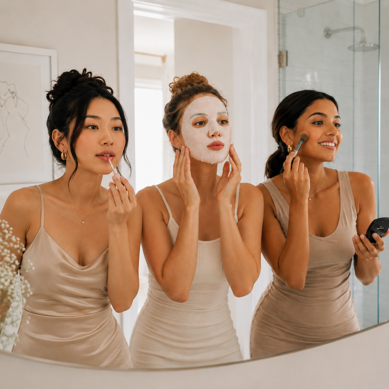 Three women in a bright bathroom applying lip gloss, sheet mask and makeup before an occasion