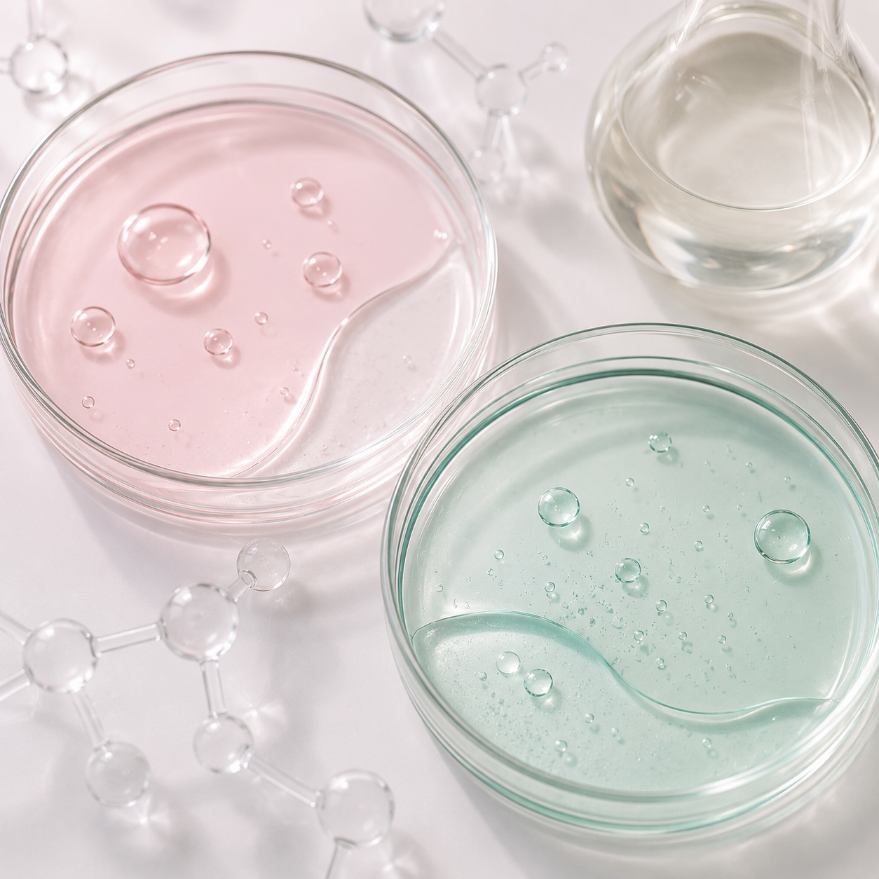 Exfoliant bottle with cotton pads and rice flat lay