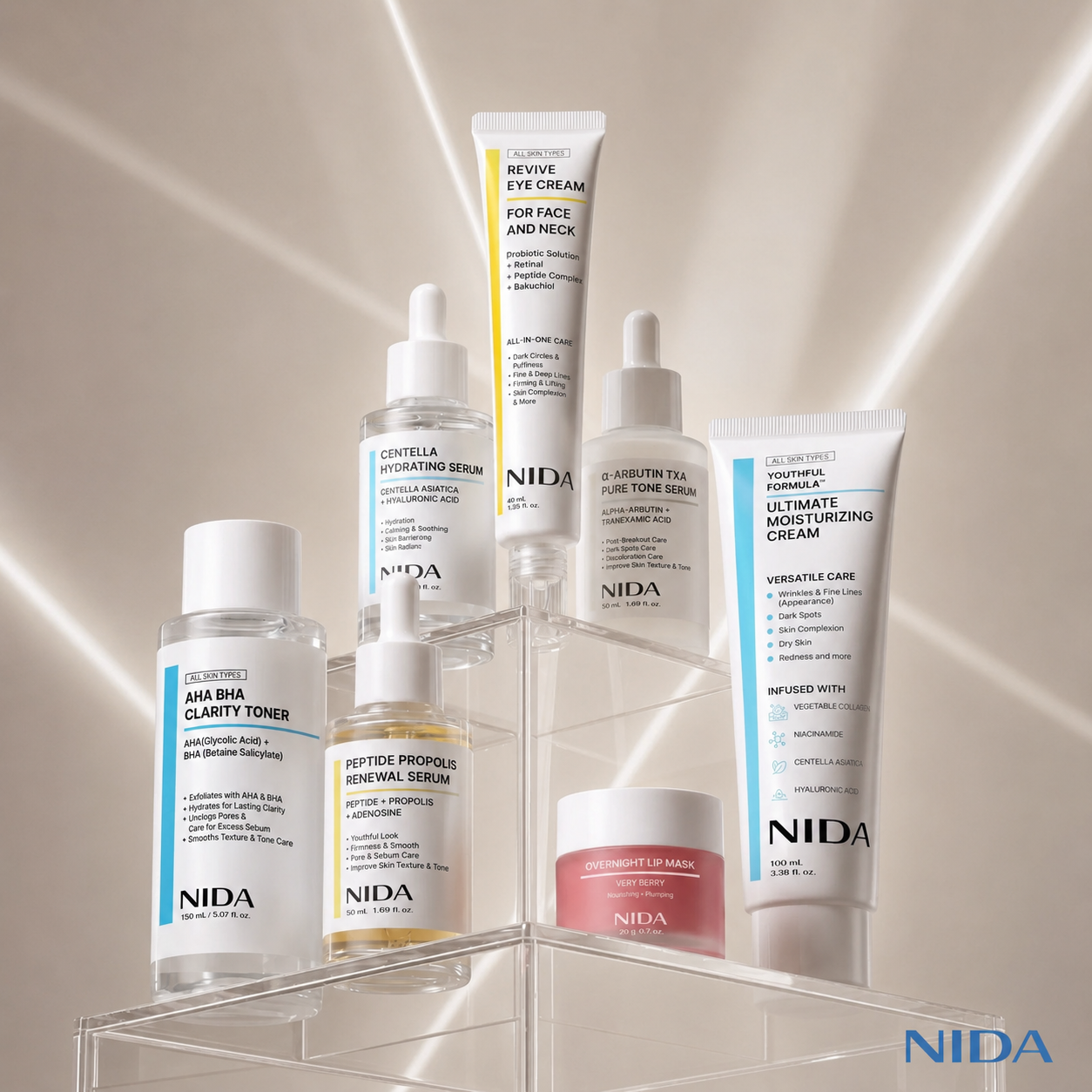 The NIDA Korean skincare range including toner, serums, eye cream and moisturising cream