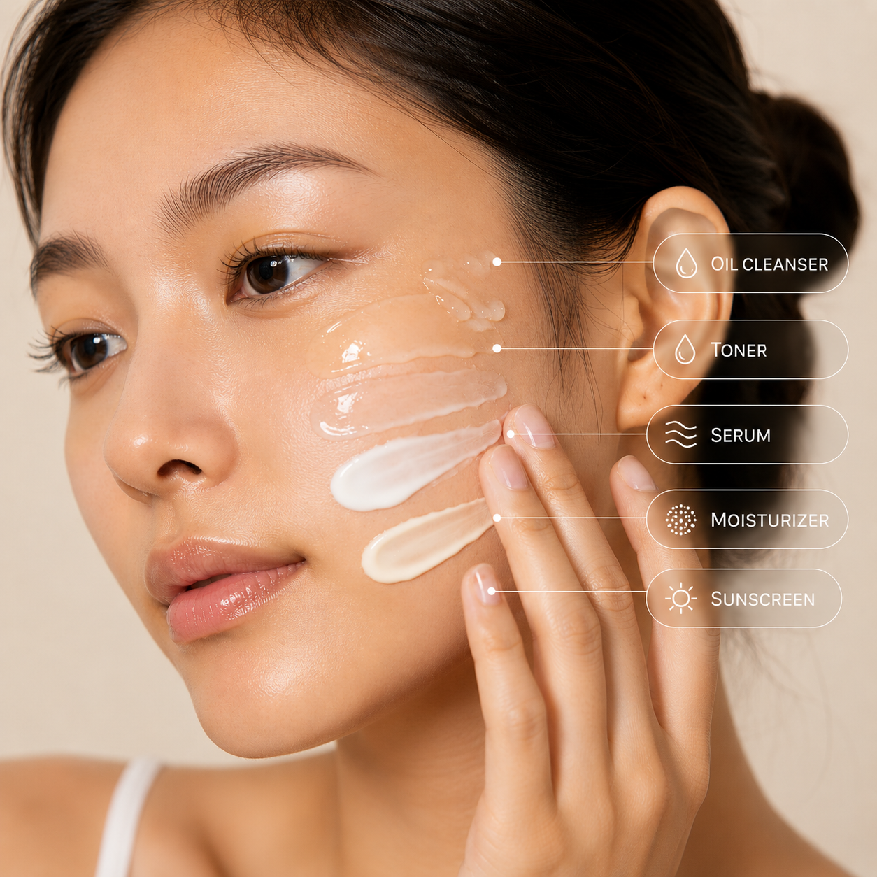 Korean skincare product layering minimalist flat lay