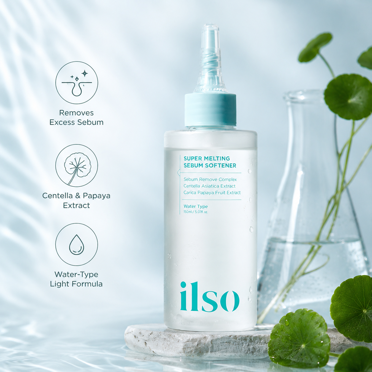 ilso Super Melting Sebum Softener bottle with centella leaves and water