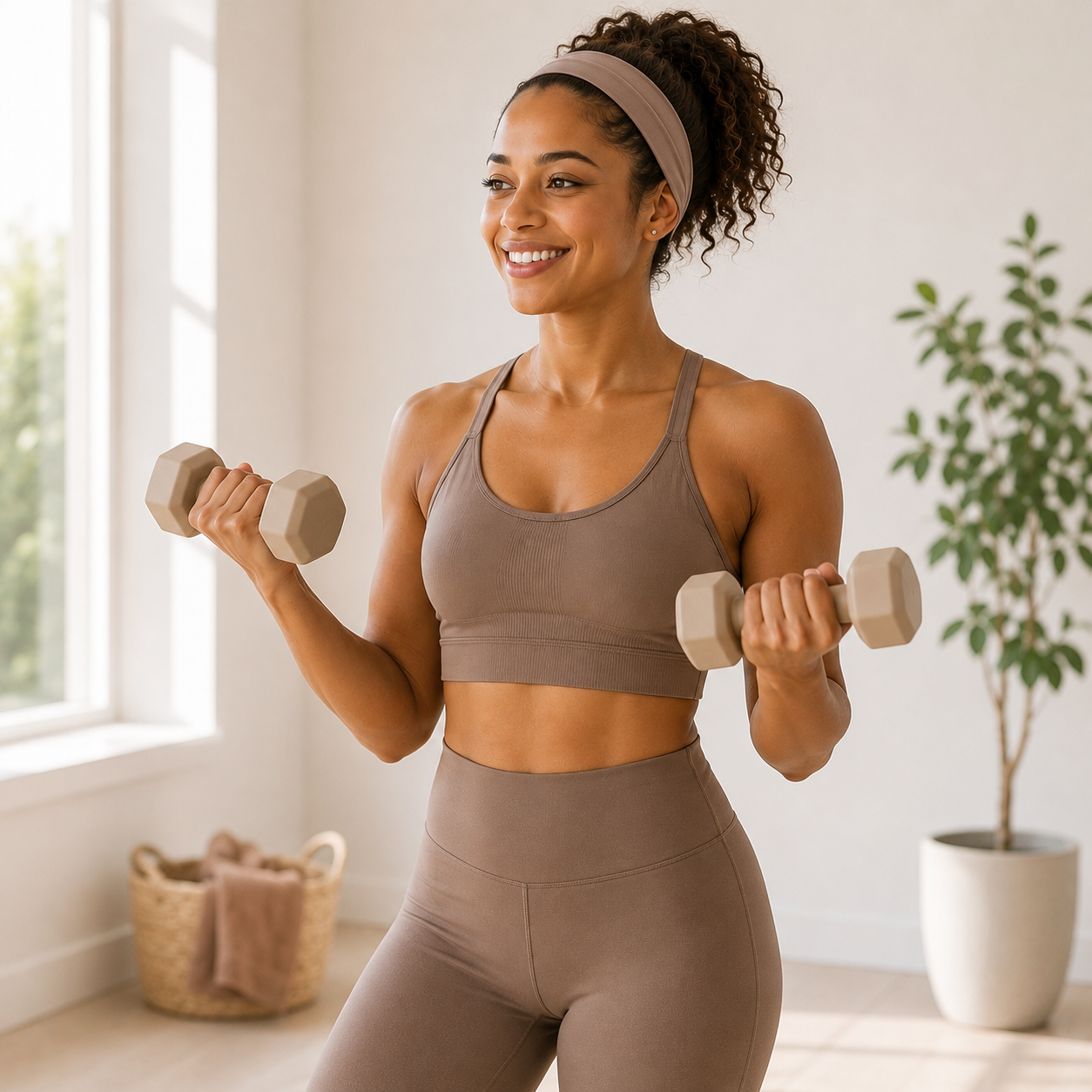Smiling woman in soft mocha activewear lifting light dumbbells in a bright, plant-filled home gym