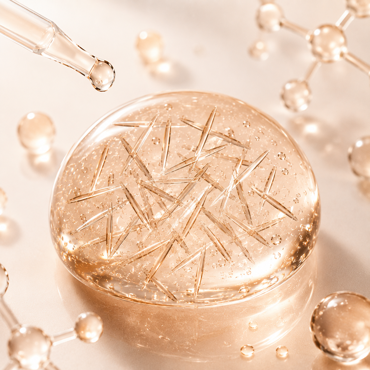 Golden spicule needles suspended in a serum droplet