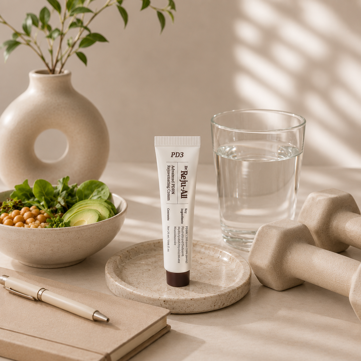Dr Reju-All Advanced PDRN Rejuvenating Cream tube beside a healthy salad, water and dumbbells