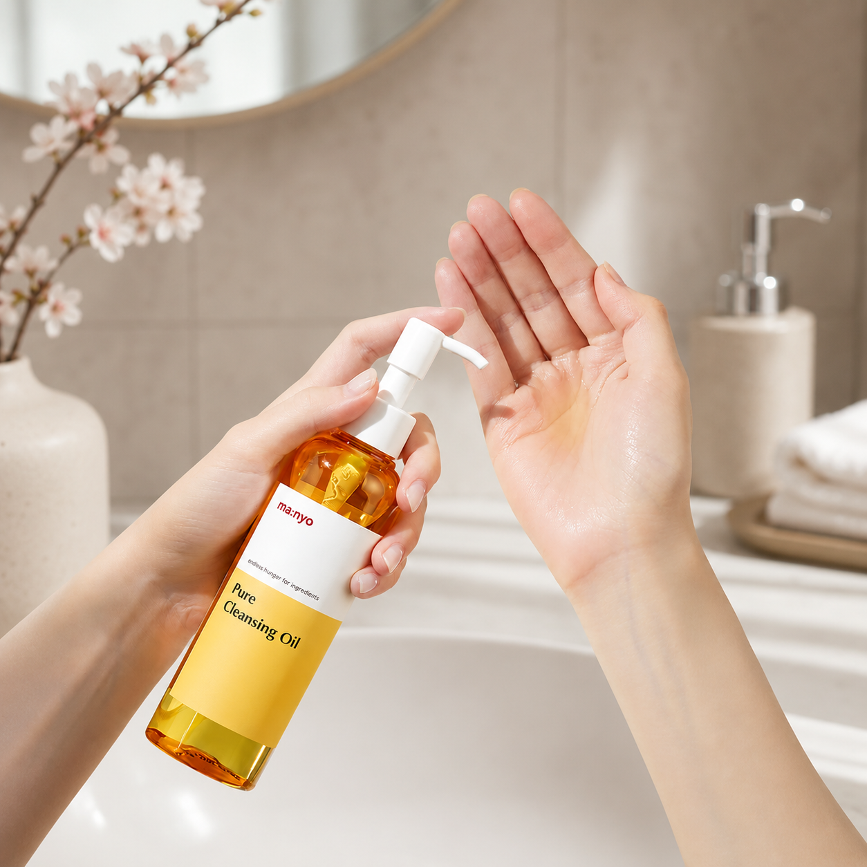 Manyo Pure Cleansing Oil bottle pumped into open hands beside cherry blossoms
