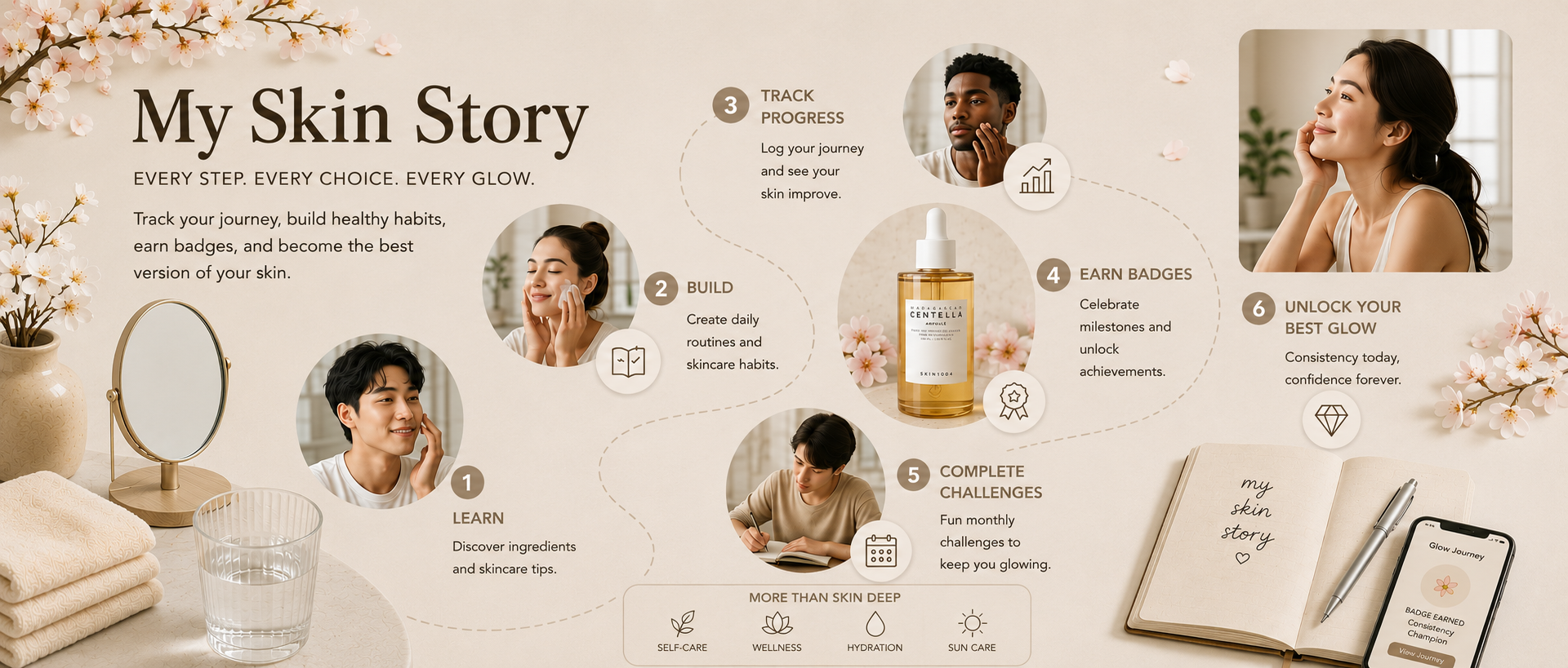 My Skin Story — track your journey, build healthy habits, earn badges, and unlock your best glow