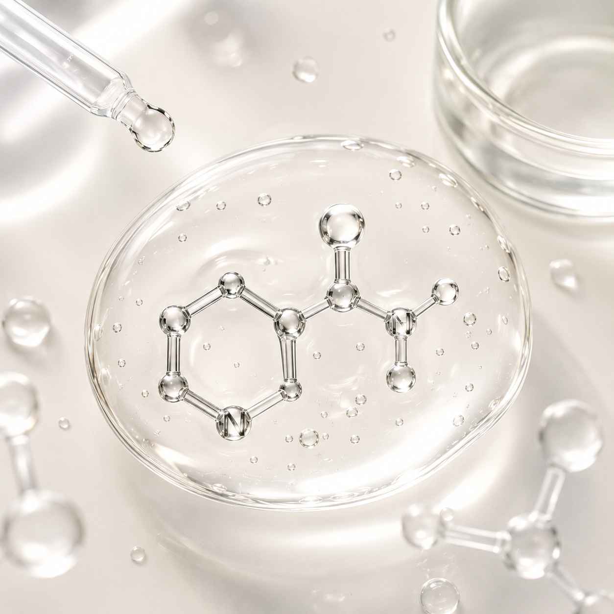 Niacinamide molecule illustration in clear droplet