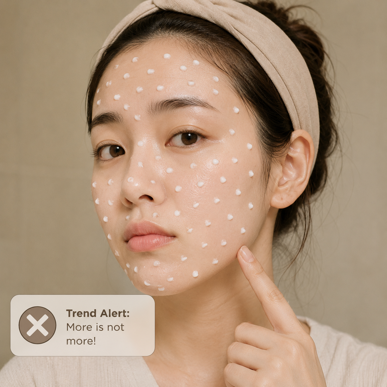 Model with skincare product dotted all over her face — trend alert: more is not more