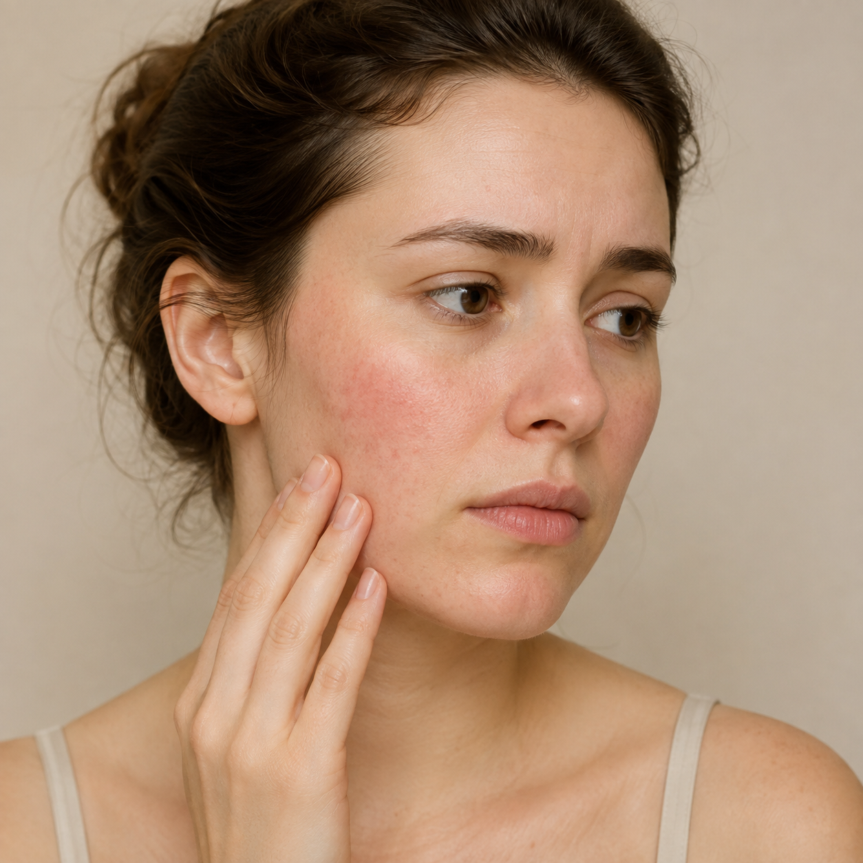 Woman with dry, flushed, atopy-prone cheeks resting her fingers gently against her jaw