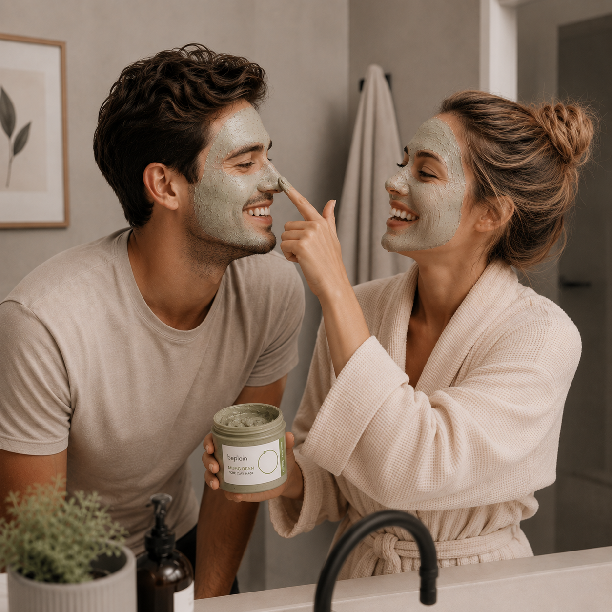 A man and a woman laughing together wearing clay face masks in a bathroom