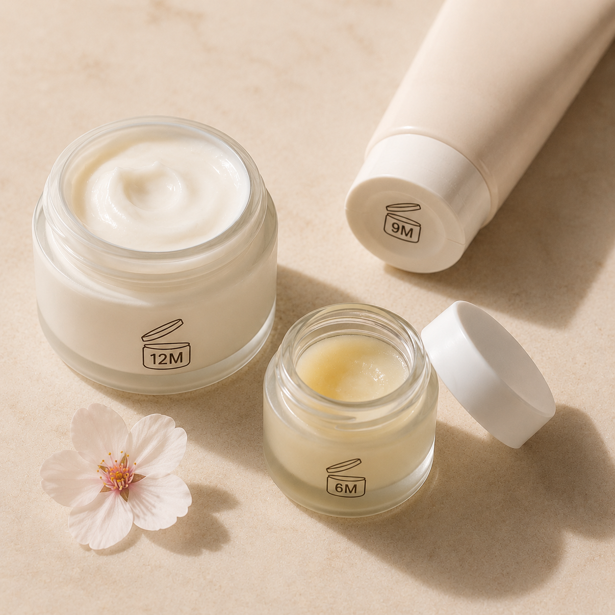 Skincare jar with hourglass and cherry blossom