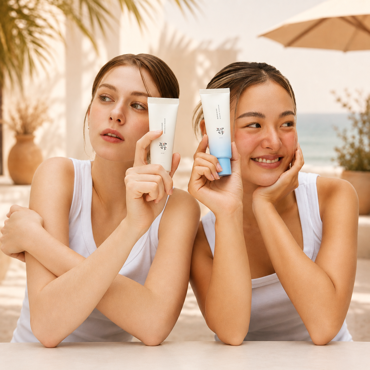 Two women holding Korean sunscreen tubes at a sunny outdoor resort with palm trees and umbrellas